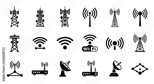Fotografie Telecommunication Tower And Wireless Signal Icons Silhouette