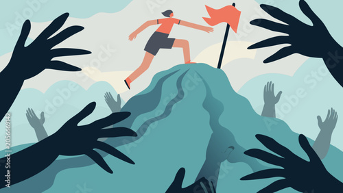 Canvastavla Illustration Of A Person Climbing A Mountain With Reaching Hands Below