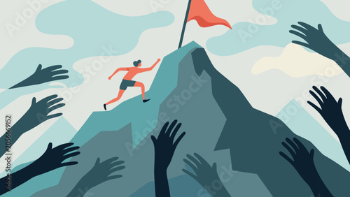 Canvastavla Person running up a mountain with outstretched hands below vector illustration