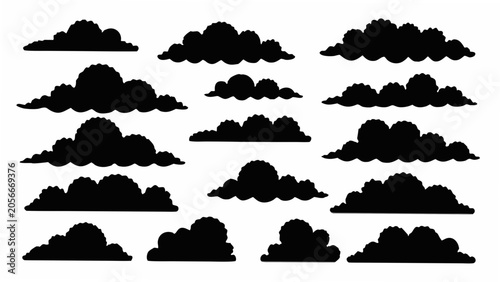 Foto Black cloud silhouettes arranged on a white background a collection of atmospher