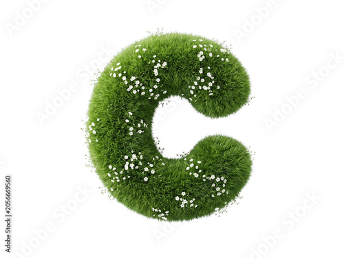 Letter C made of green grass and white flowers