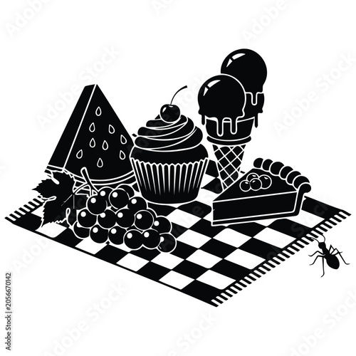 Foto Picnic blanket with food and ant silhouette illustration vector elements