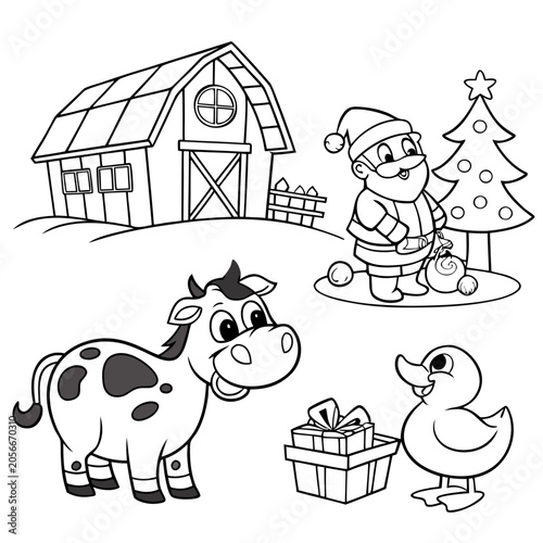 Black and white coloring page farm christmas scene with santa coloring christmas children