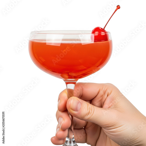 A hand holding a cocktail glass with a cherry garnish and a red drink.