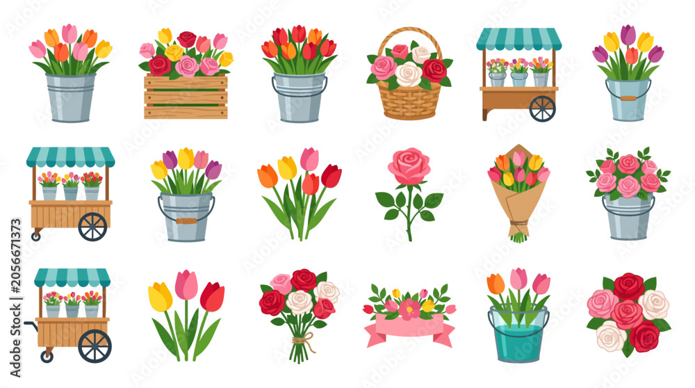 Fototapeta premium Colorful Tulips and Flower Carts.