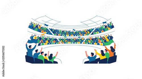 Fényképezés Audience in stands watching sports event with raised hands.