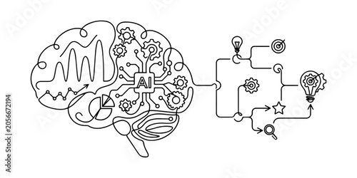 Robot brain merged with statistical charts symbolizing artificial intelligence, data science, and strategic decision making, hand-drawn vector outline illustration.