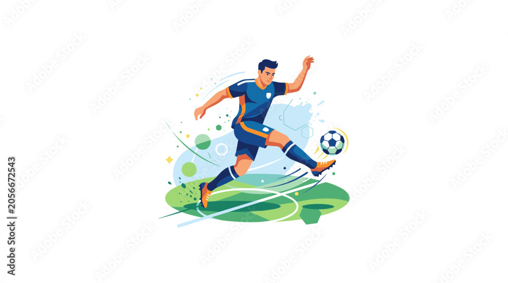 Obraz premium Soccer athlete playing ball on pitch in stylized graphic art composition with motion lines.