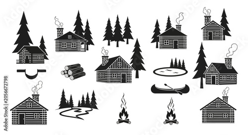 Obraz na płótnie Black and white cabin icons set.