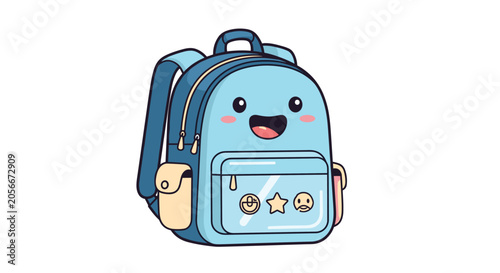 Adorable blue school backpack with a happy smiling face and cute decorative pins sits ready for the first day of class.