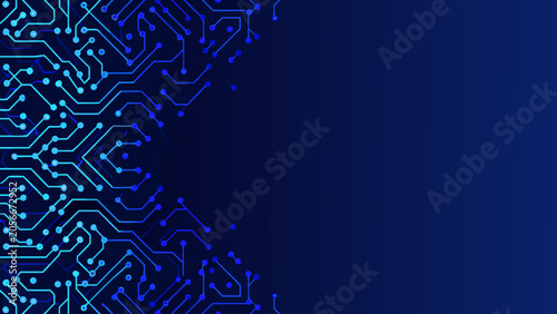 Intricate circuit pattern vector illustration with blue and teal colored lines on dark background