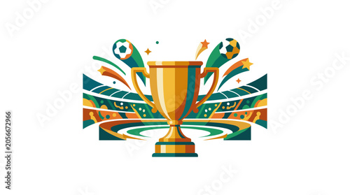 Golden soccer trophy in front of a stadium with colorful abstract elements and footballs.