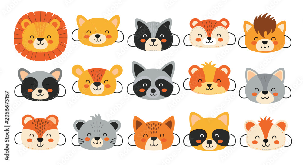 Obraz premium Selection of fifteen diverse cartoon animal face masks for children including lion bear fox raccoon and many more.