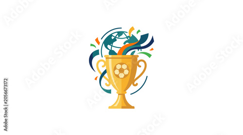 Golden soccer trophy with football elements and abstract shapes bursting from top.