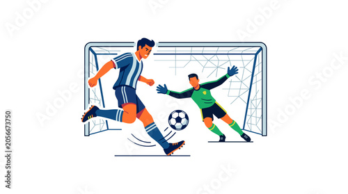 Minimalist graphic of forward kicking football towards goal with goalkeeper defending.