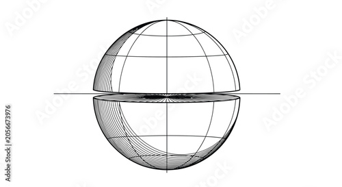 Technical wireframe drawing of a sphere cut in half showing internal grid lines and perspective on a clean white background.