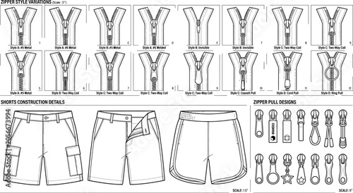Obraz na płótnie Men shorts construction details vector template set featuring zipper style varia