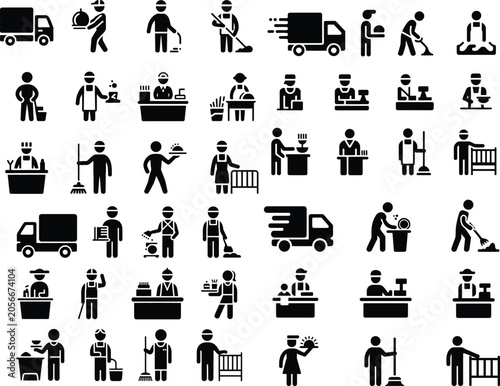Construction worker icons, laborer symbols, building site graphics, 40 black silhouette illustrations