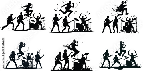 Rock music, band, musician, silhouette icons, 12 black vector graphics