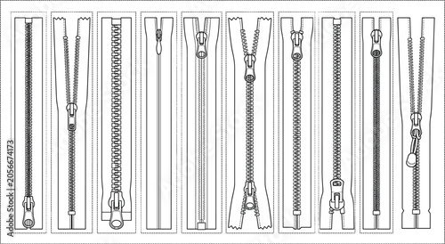 Quadro su tela Zipper types and style variations vector set featuring open closed metal invisib