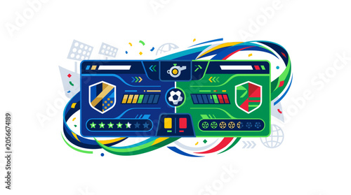 Futuristic soccer broadcast interface with team shields and match details illustration.