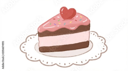 Delicious slice of chocolate cake with pink frosting and a heart on a decorative plate.