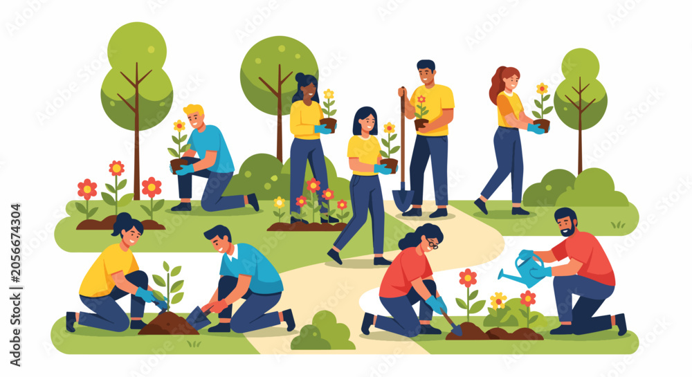 Fototapeta premium Illustration of diverse people planting flowers and gardening in a park with trees and colorful blooms, conveying a sense of community and environmental care.