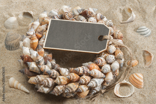 Arrangement of colorful seashells in the sand with a small chalkboard and copyspace