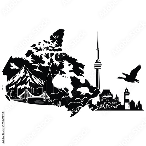 Photography Canada map vector silhouette illustration with landmarks animals and national symbols art
