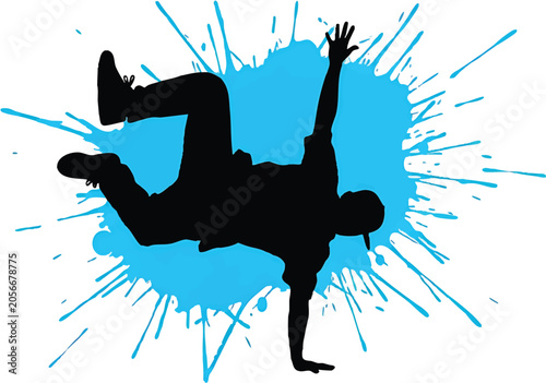 Bild auf Leinwand Silhouette of a breakdancer performing a freeze move with a vibrant light blue p