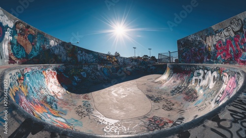 Outdoor concrete skate park bowl covered in colorful graffiti under bright sun