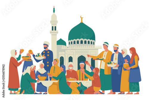Canvas Print Muslim people sharing food during Ramadan celebration in front of mosque illustr
