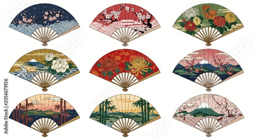 Collection of nine traditional Japanese folding fans with various nature-inspired designs and classic motifs.