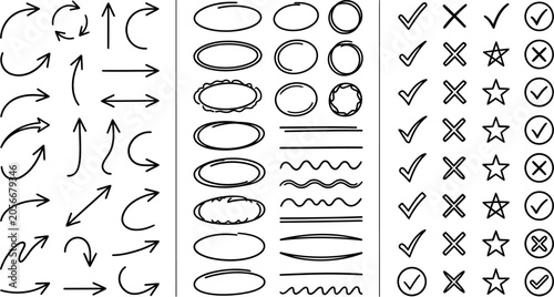 Obraz na plátně A collection of black line icons on a including arrows, shapes, and symbols