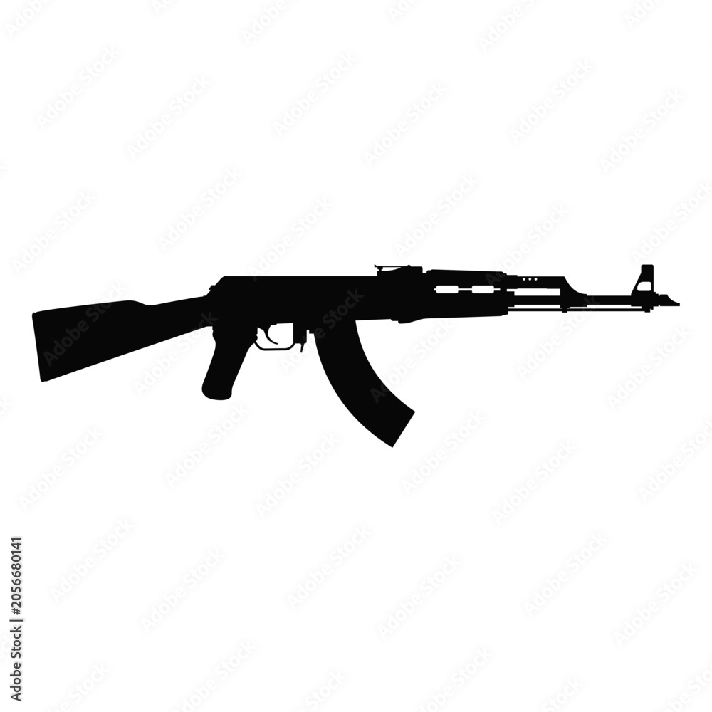 Fototapeta premium Assault rifle silhouette stands out in black against a clean white background as a stark graphic symbol of military equipment.