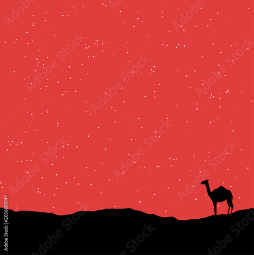 Camel stands silently against a vibrant red starlit desert sky during a quiet, peaceful night.