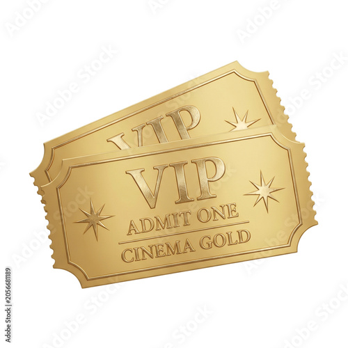 golden VIP movie tickets ADMIT ONE, isolated PNG transparent background
