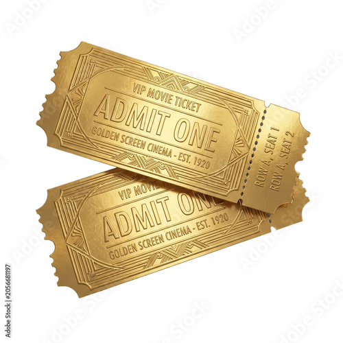 golden VIP movie tickets ADMIT ONE, isolated PNG transparent background