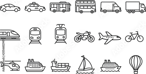 Minimalist public transport and travel vehicles line icon vector set featuring car bus train airplane ship motorcycle and hot air balloon