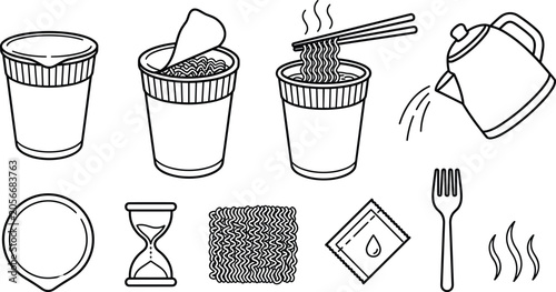 Instant Noodle and Food Preparation Vector Icon Set Featuring Cup Noodles, Hot Water, Cooking Utensils and Fast Meal Collection
