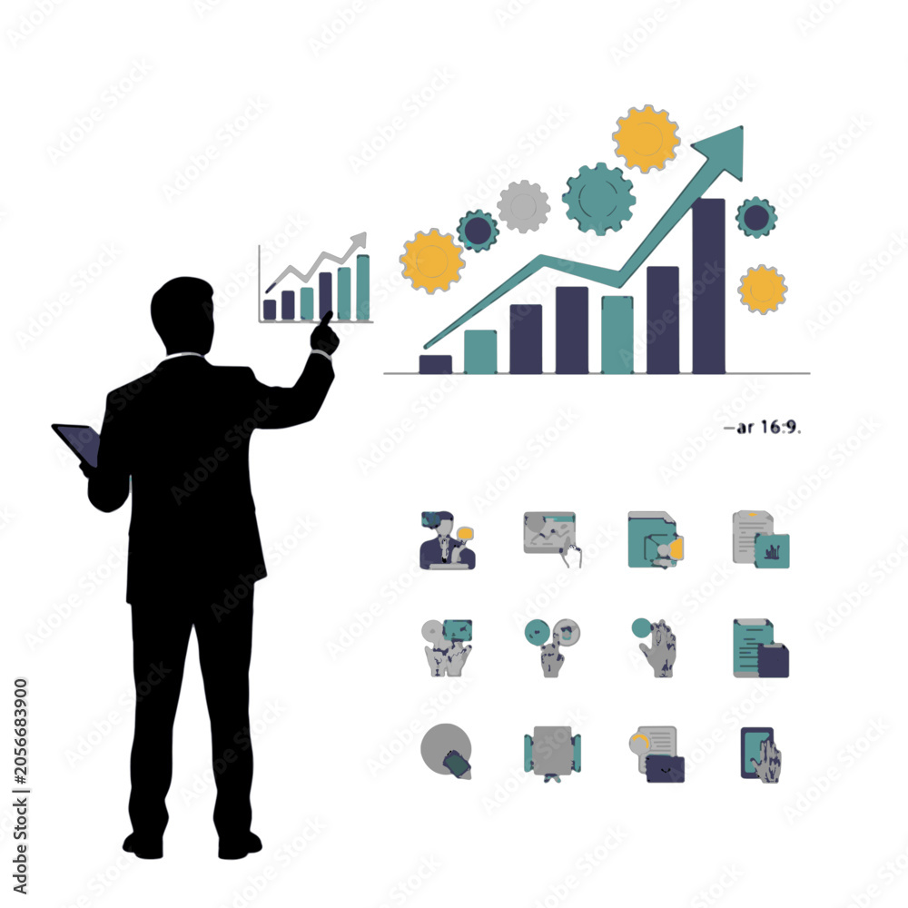 Naklejka premium Businessman analyzing growth charts and data on a digital interface.