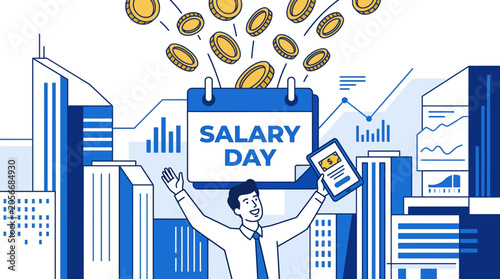 Happy Businessman Celebrating Salary Day with Falling Coins and City Skyline Background Financial Success and Income Concept