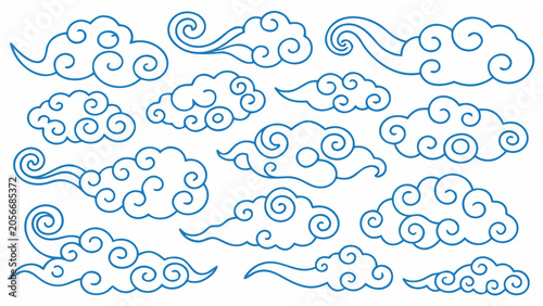 Konstfotografi Stylized Cloud Shapes Collection Blue Line Art On White Background
