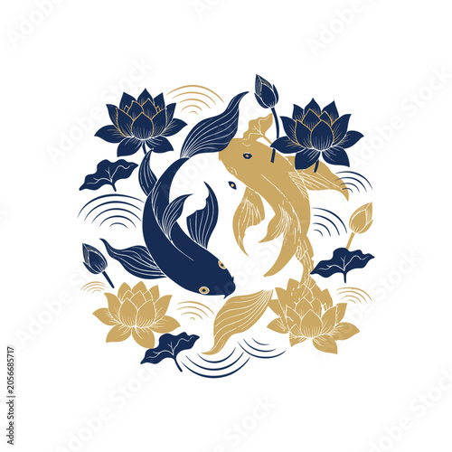 Japanese koi fish vector illustration with lotus flowers for t-shirt
