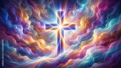 Vibrant gradient Christian cross with radiant light rays symbol religion