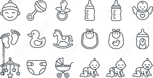 Baby Care and Newborn Essentials Outline Icon Set Featuring Feeding Bottles Pacifier Toys Crawling Infant Accessories and Nursery Symbols