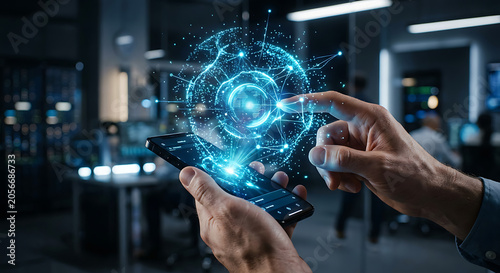 A person interacts with a futuristic interface on their smartphone in a modern office.