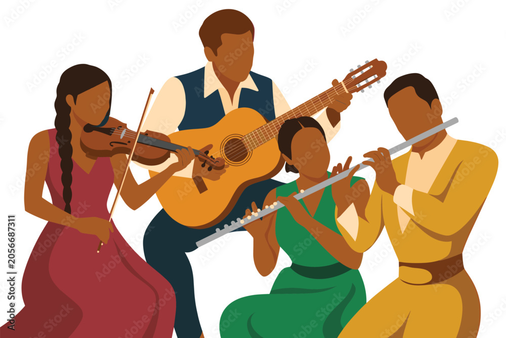 Fototapeta premium Diverse Group of Four Musicians Playing Classical and Folk Instruments Vector Illustration