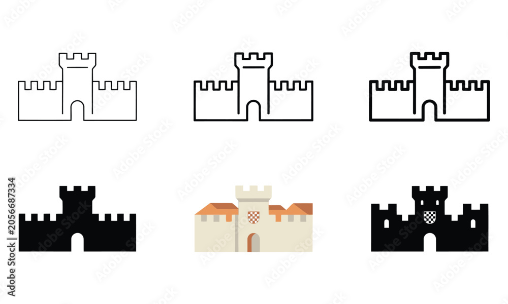 Fototapeta premium Collection of castle in various styles and colors representing historical architecture and security