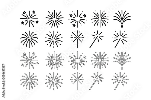Firework Display Line Art Icons On White Background